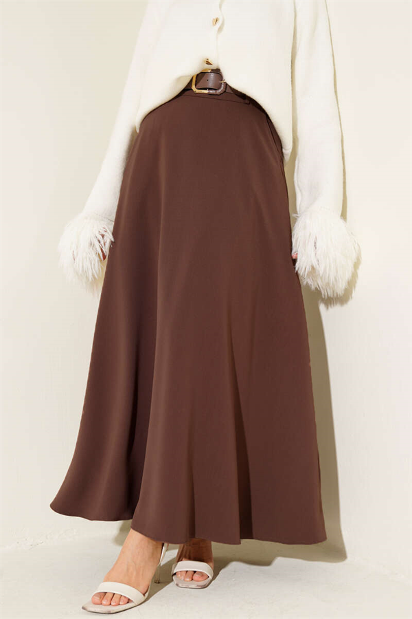 Belted Zippered Basic Skirt Brown