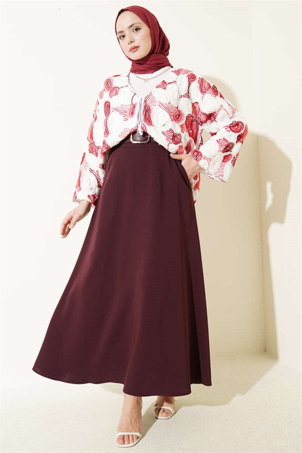 Belted Zippered Basic Skirt, Plum
