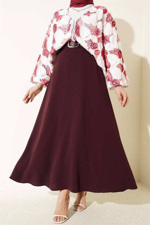 Belted Zippered Basic Skirt, Plum