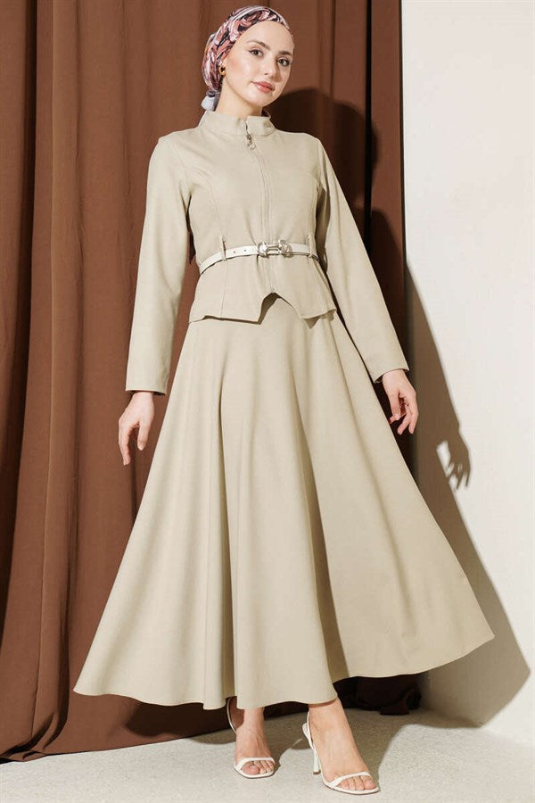 Belted Zippered Basic Skirt 2 Piece Set in Beige