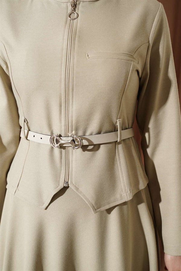 Belted Zippered Basic Skirt 2 Piece Set in Beige