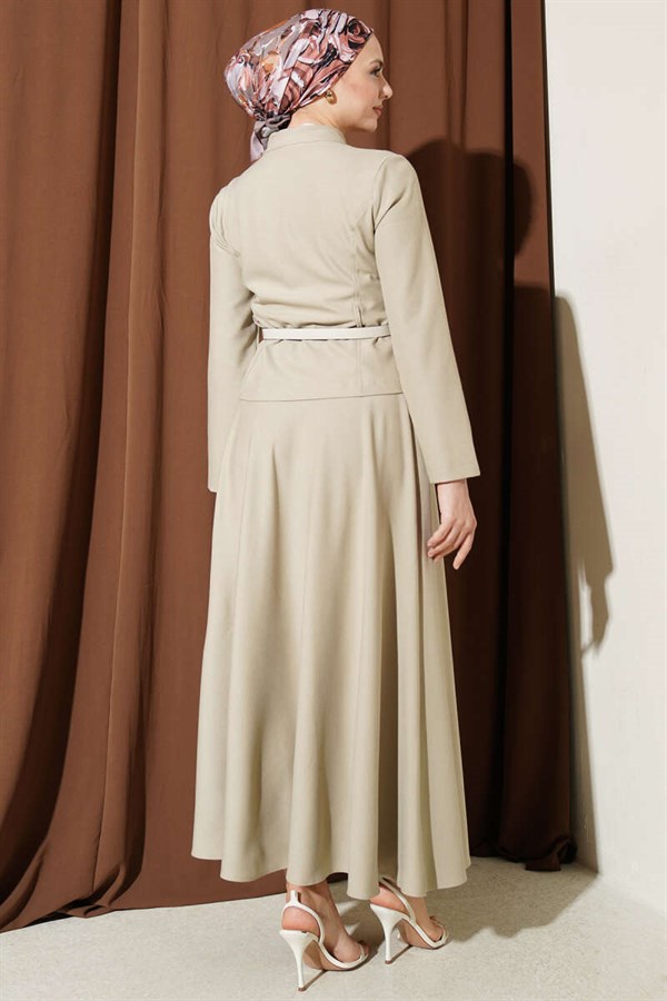 Belted Zippered Basic Skirt 2 Piece Set in Beige