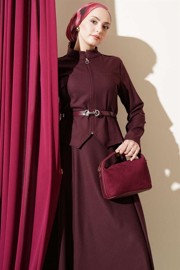 Belted Zippered Basic Skirt 2 Piece Set in Burgundy