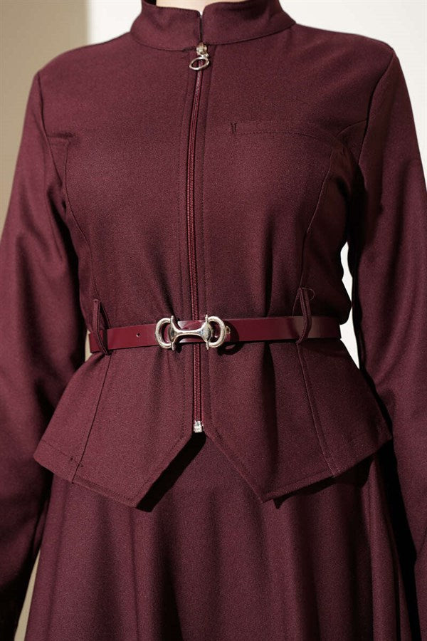 Belted Zippered Basic Skirt 2 Piece Set in Burgundy