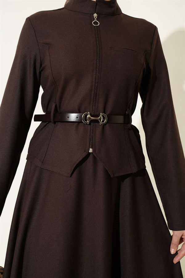 Belted Zippered Basic Skirt 2 Piece Set in Coffee Brown