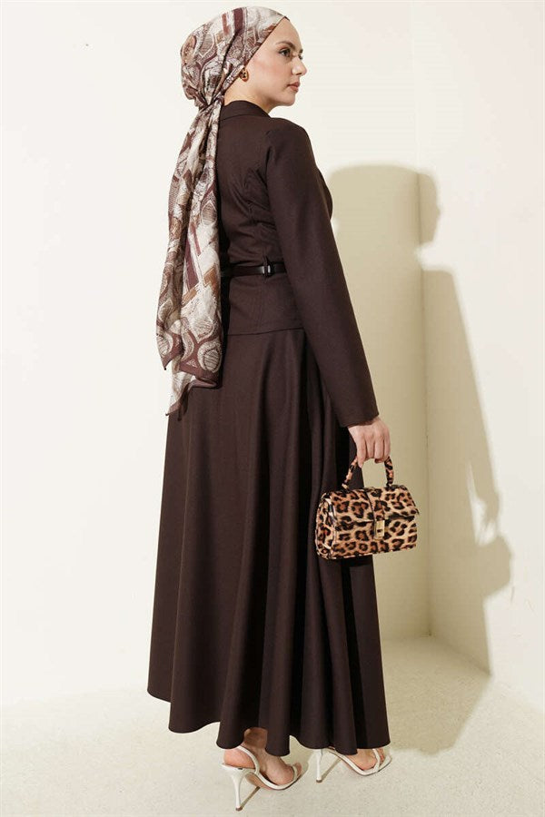 Belted Zippered Basic Skirt 2 Piece Set in Coffee Brown