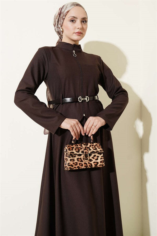 Belted Zippered Basic Skirt 2 Piece Set in Coffee Brown
