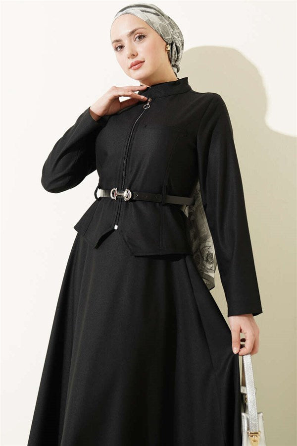 Belted Zippered Basic Skirt 2 Piece Set Black