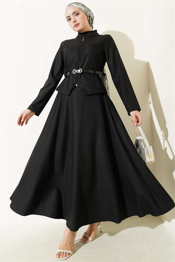 Belted Zippered Basic Skirt 2 Piece Set Black