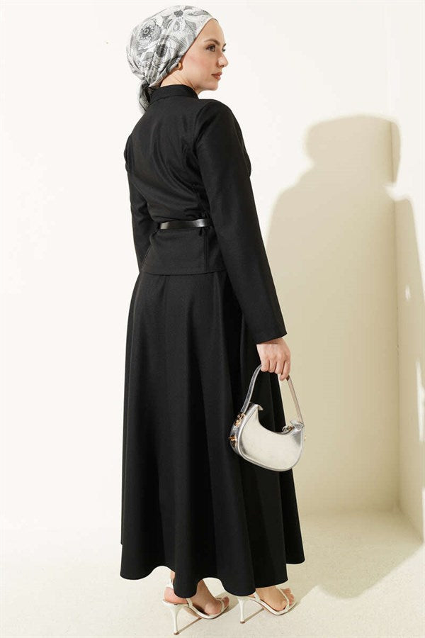 Belted Zippered Basic Skirt 2 Piece Set Black