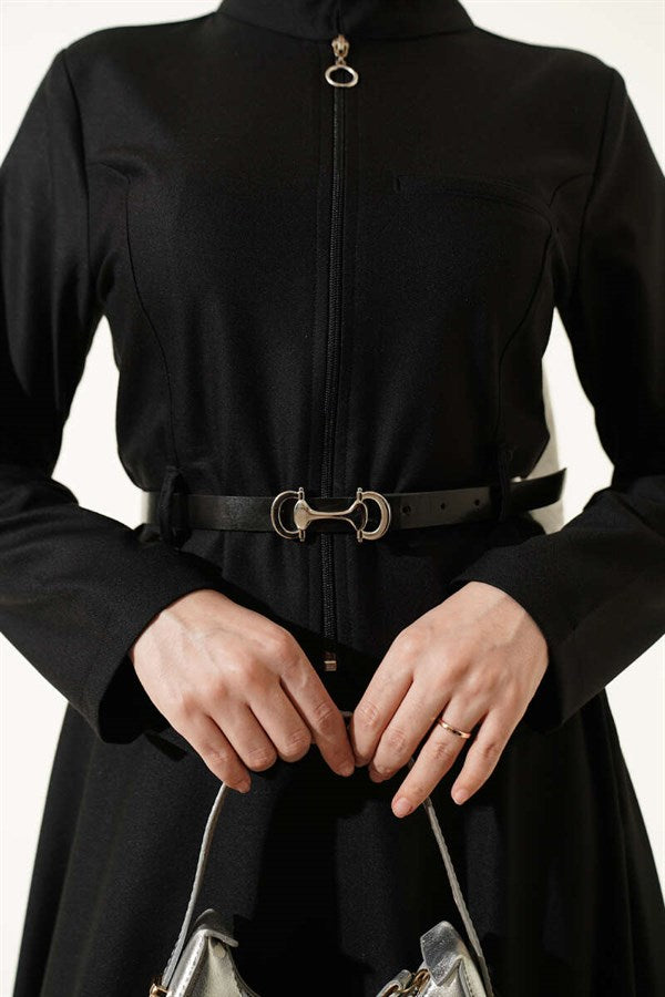 Belted Zippered Basic Skirt 2 Piece Set Black