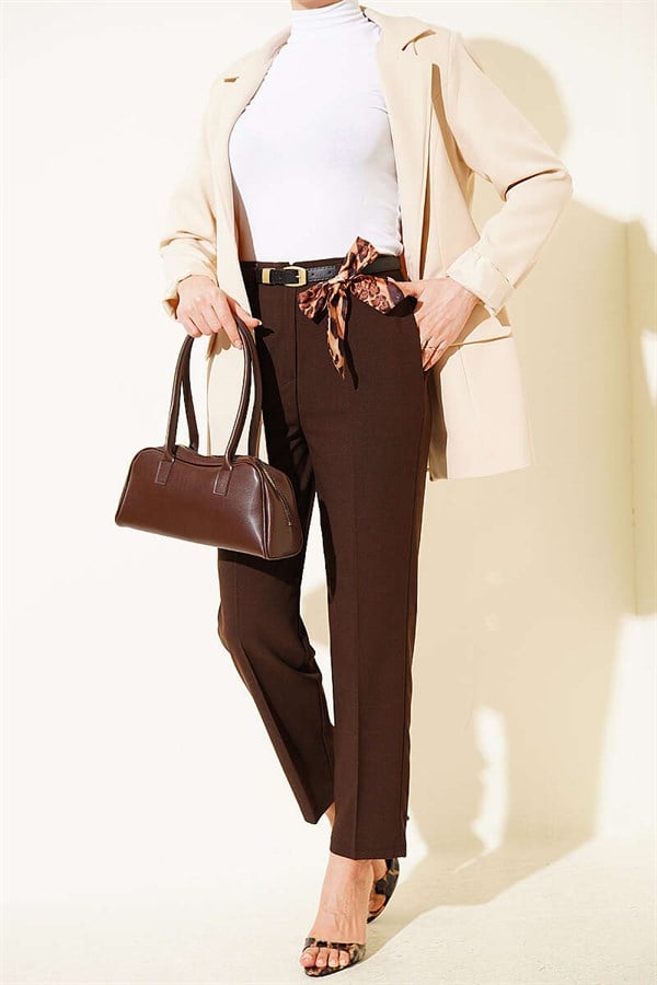 Belted Zippered Slim-Fit Trousers, Brown
