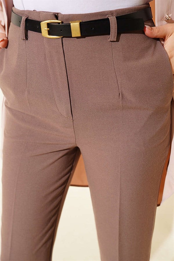 Belted Zippered Slim-Fit Trousers, Mink Color