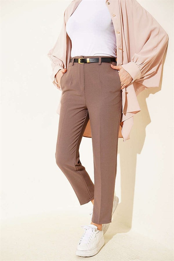 Belted Zippered Slim-Fit Trousers, Mink Color