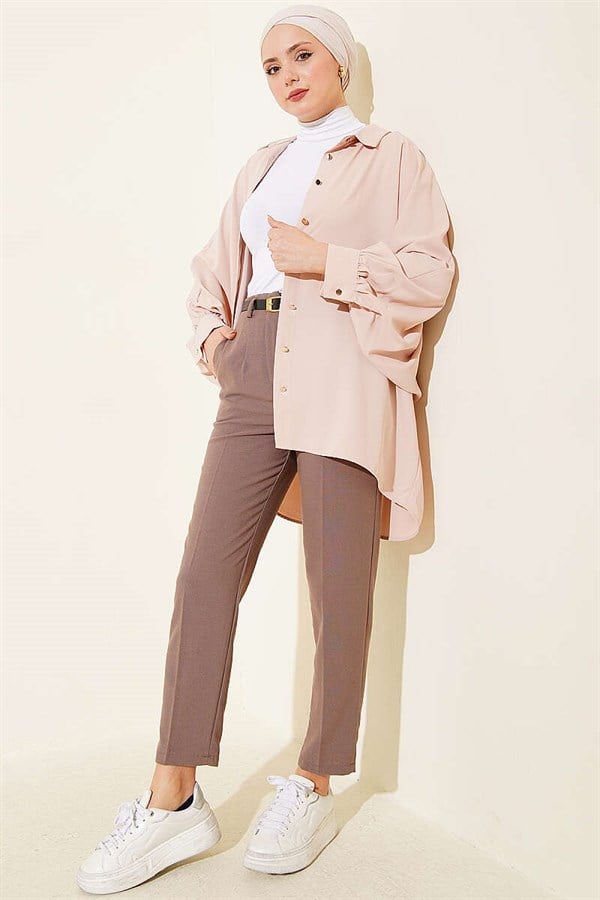 Belted Zippered Slim-Fit Trousers, Mink Color