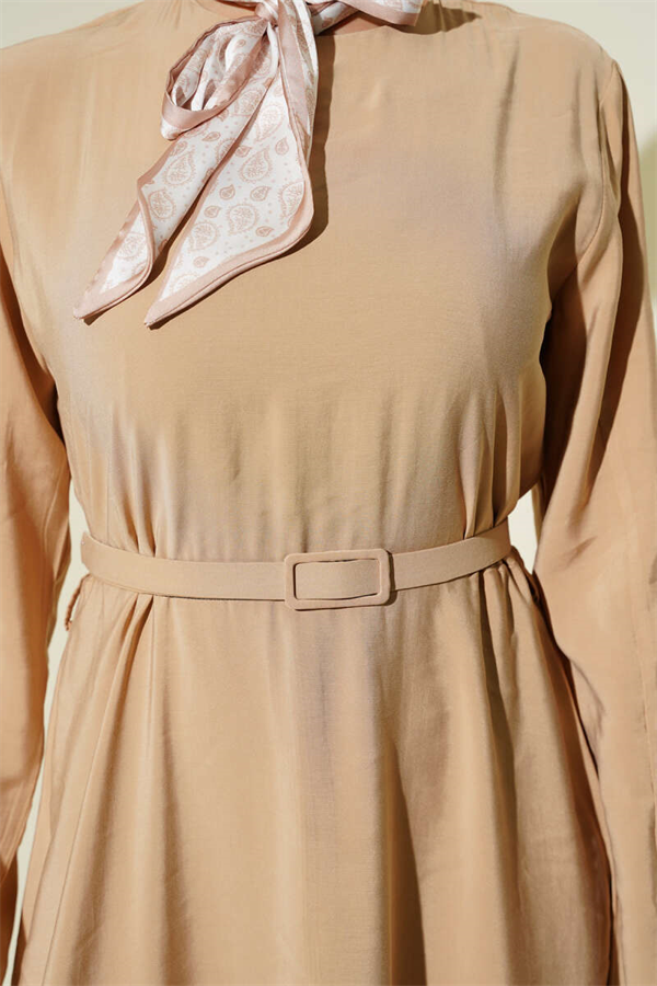 Tencel Dress with Belt and Scarf, Beige