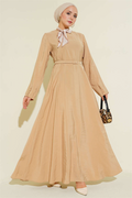 Tencel Dress with Belt and Scarf, Beige
