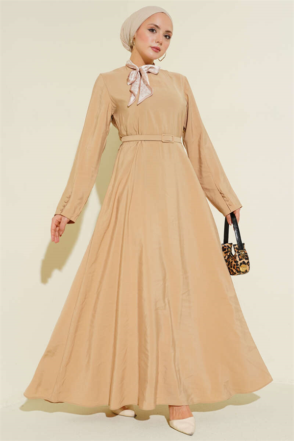 Tencel Dress with Belt and Scarf, Beige