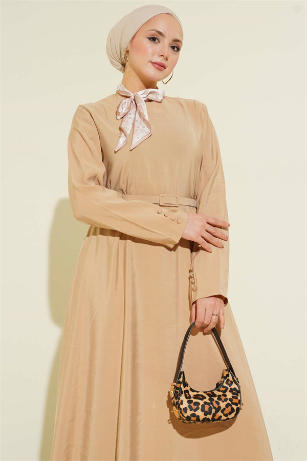 Tencel Dress with Belt and Scarf, Beige
