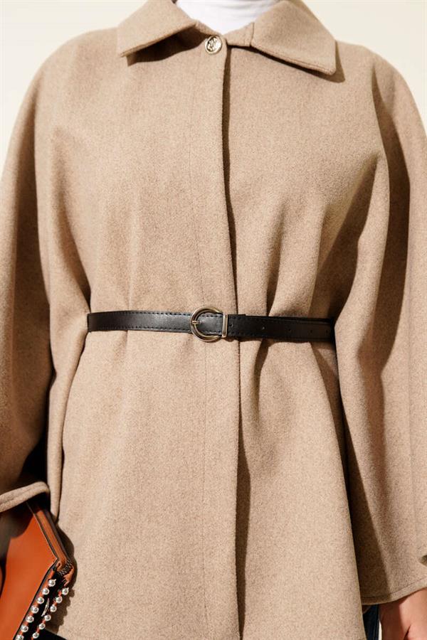 Belted Shirt Collar Cashmere Poncho Beige