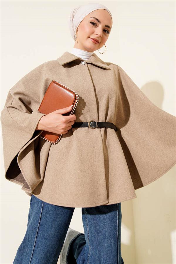 Belted Shirt Collar Cashmere Poncho Beige