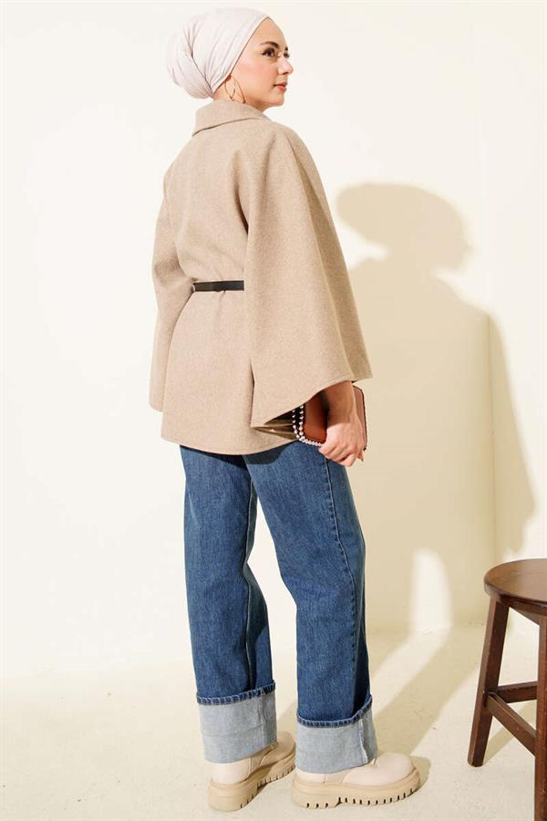 Belted Shirt Collar Cashmere Poncho Beige