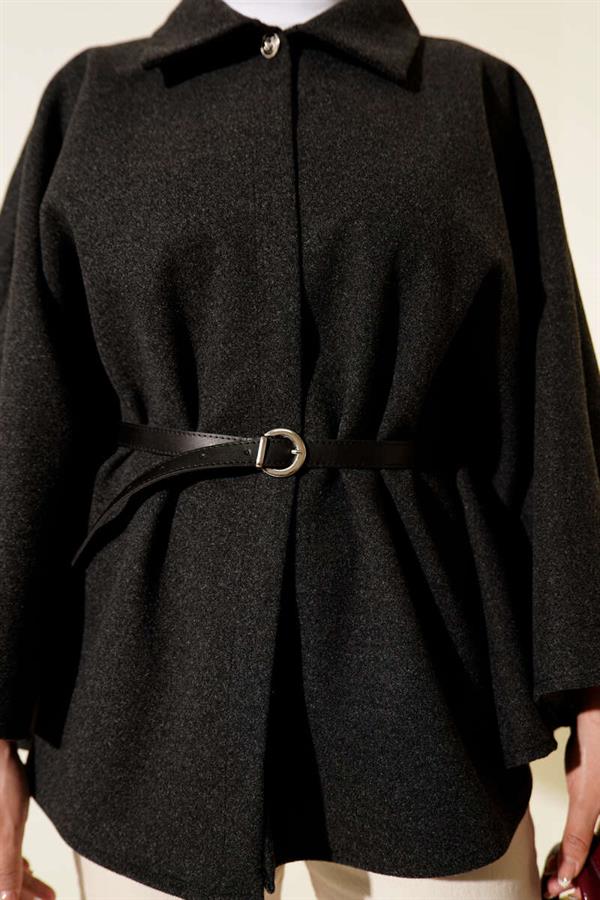 Belted Shirt Collar Cashmere Poncho Smoke