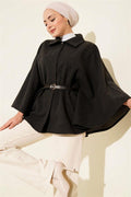 Belted Shirt Collar Cashmere Poncho Smoke