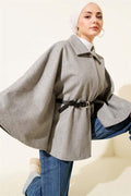 Belted Shirt Collar Cashmere Poncho Gray