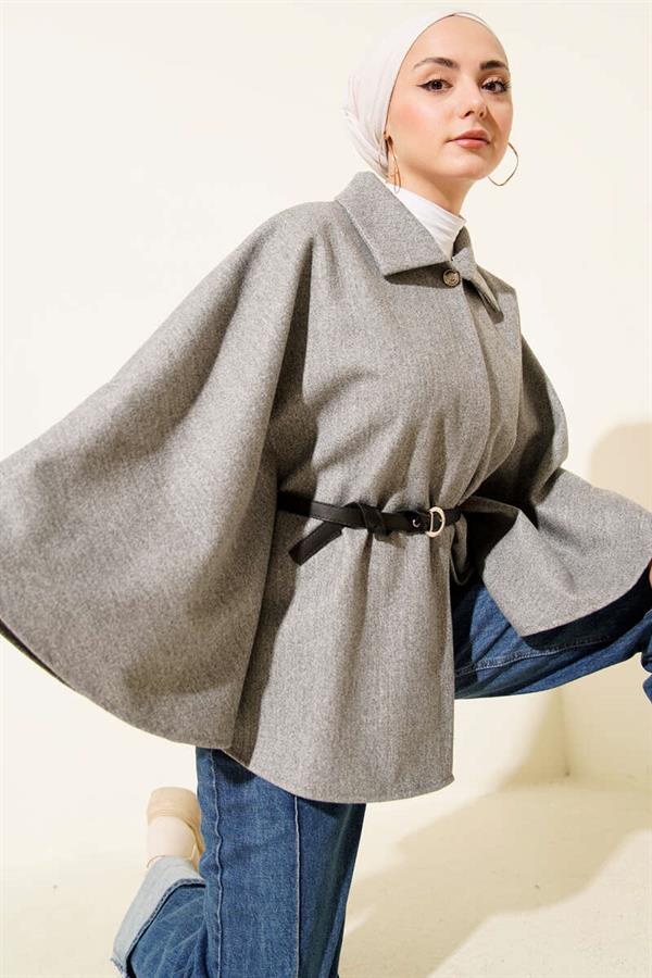 Belted Shirt Collar Cashmere Poncho Gray