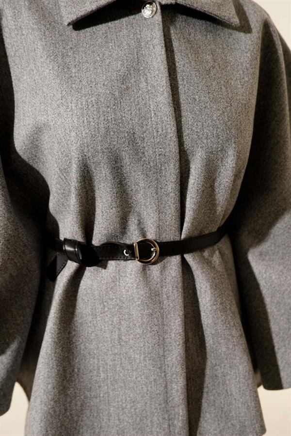 Belted Shirt Collar Cashmere Poncho Gray