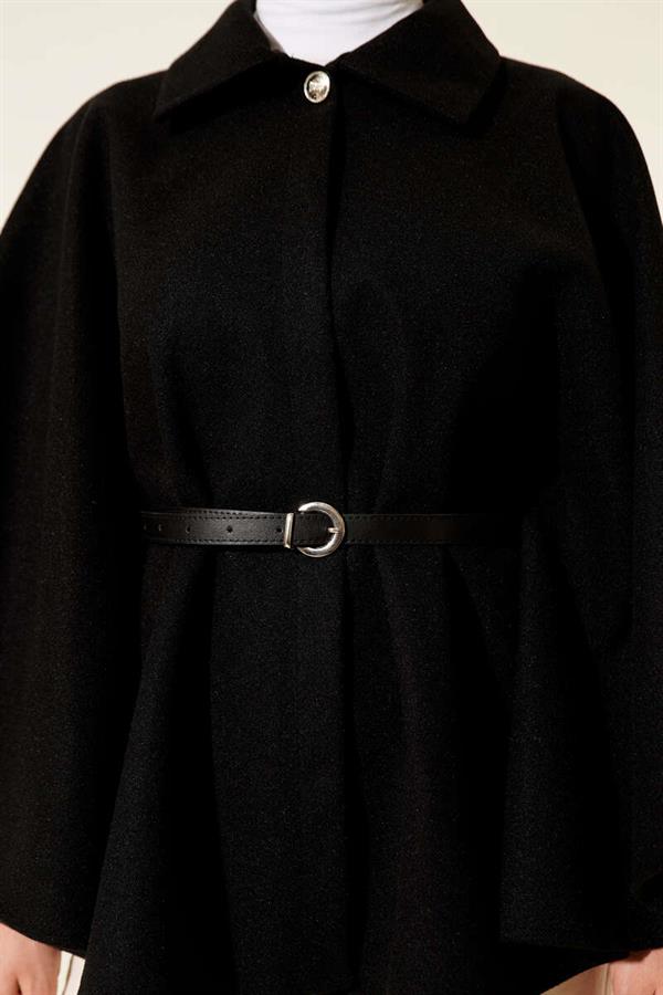 Belted Shirt Collar Cashmere Poncho Black