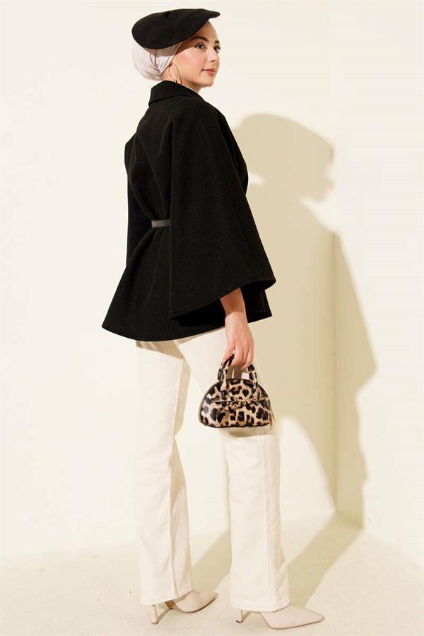 Belted Shirt Collar Cashmere Poncho Black