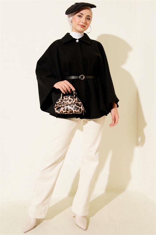 Belted Shirt Collar Cashmere Poncho Black