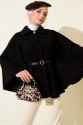 Belted Shirt Collar Cashmere Poncho Black