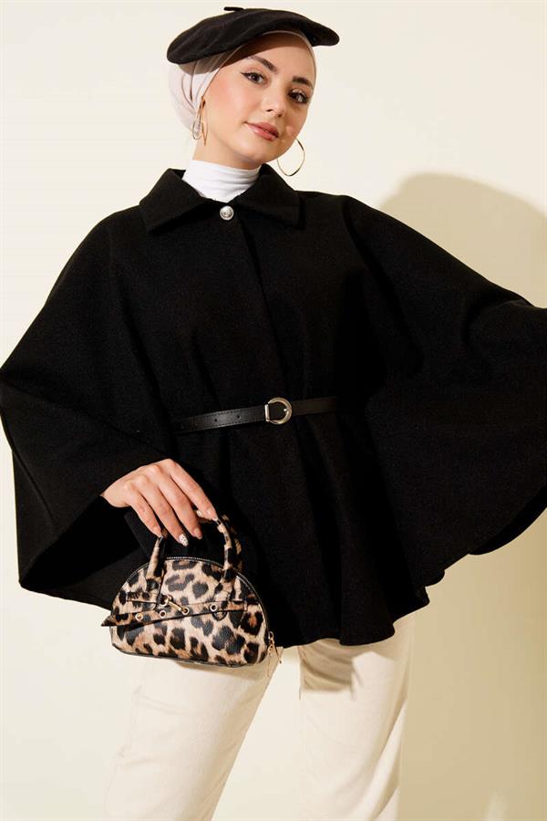Belted Shirt Collar Cashmere Poncho Black