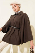 Belted Shirt Collar Cashmere Poncho Mink