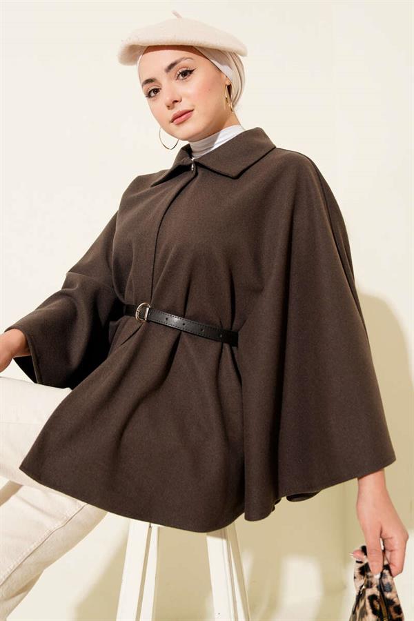 Belted Shirt Collar Cashmere Poncho Mink