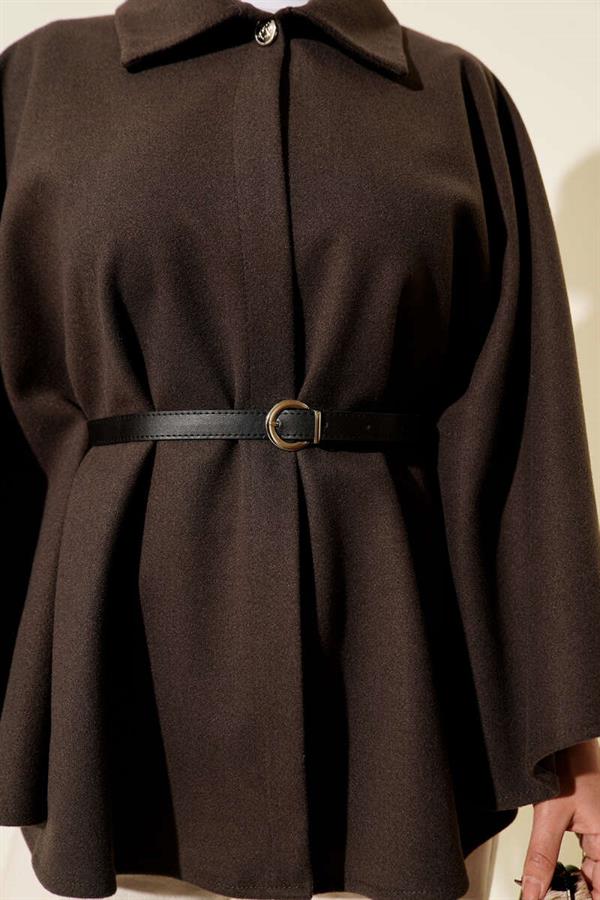 Belted Shirt Collar Cashmere Poncho Mink