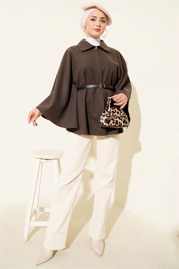 Belted Shirt Collar Cashmere Poncho Mink