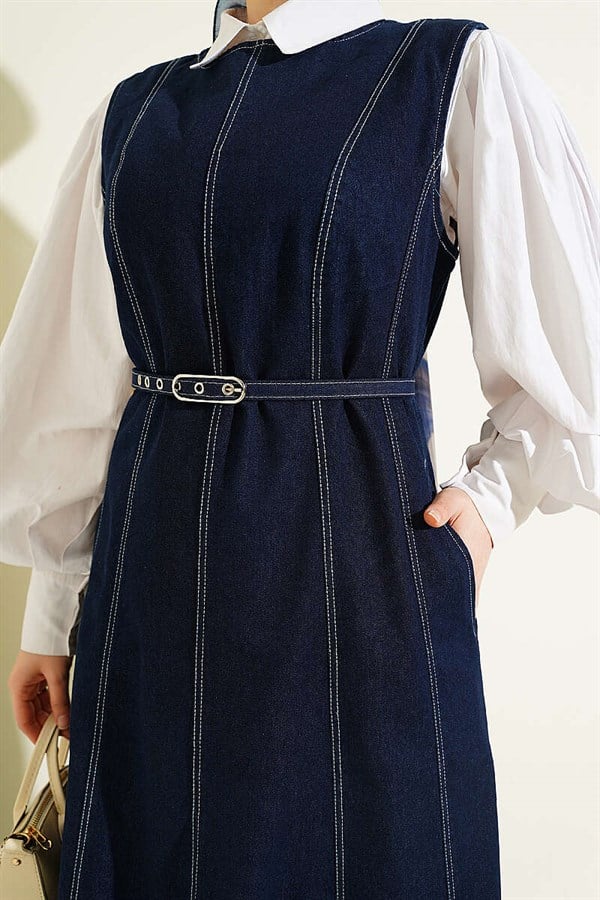 Belted Vest Denim Dress Navy Blue