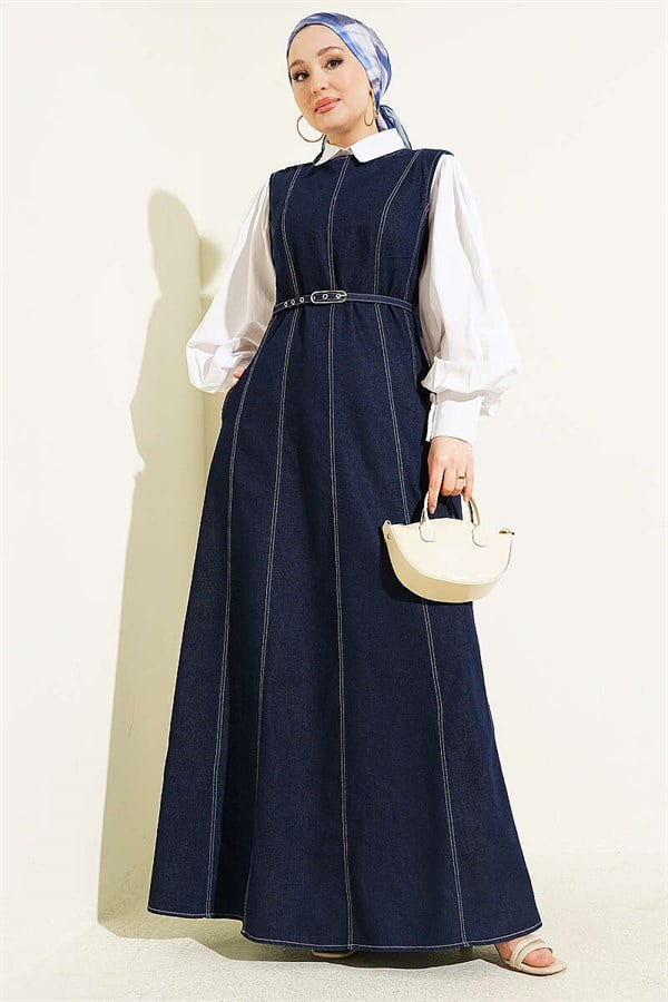 Belted Vest Denim Dress Navy Blue