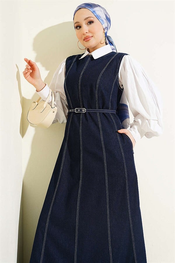 Belted Vest Denim Dress Navy Blue