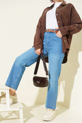 Belted Crop Top Straight Leg Jeans Light Blue