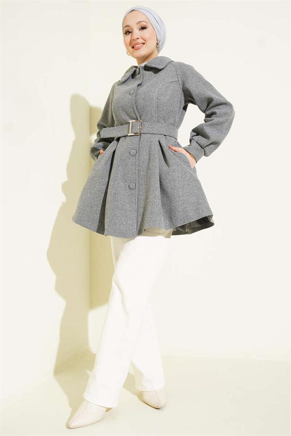 Short, belted cashmere coat, smoky gray.