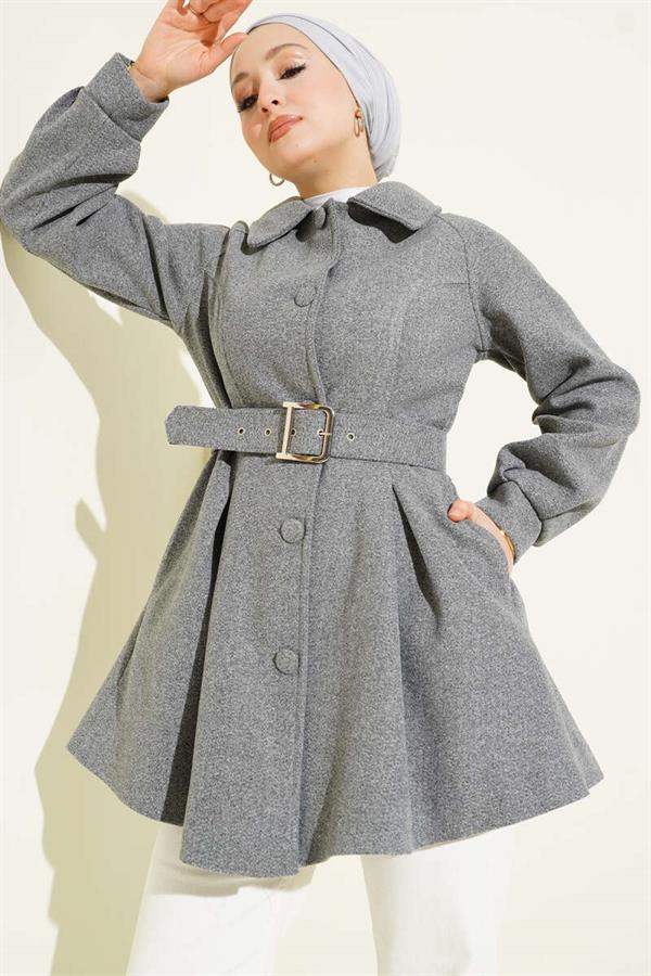 Short, belted cashmere coat, smoky gray.