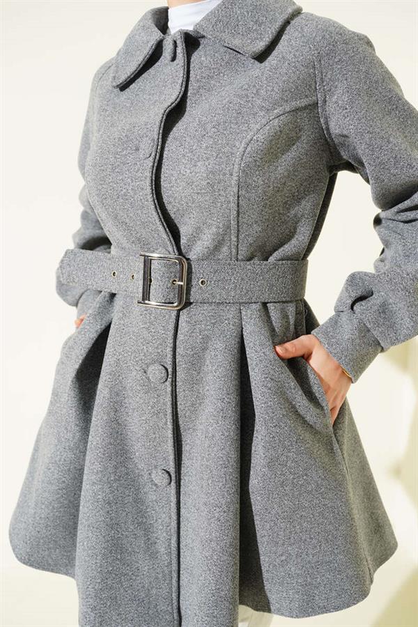 Short, belted cashmere coat, smoky gray.