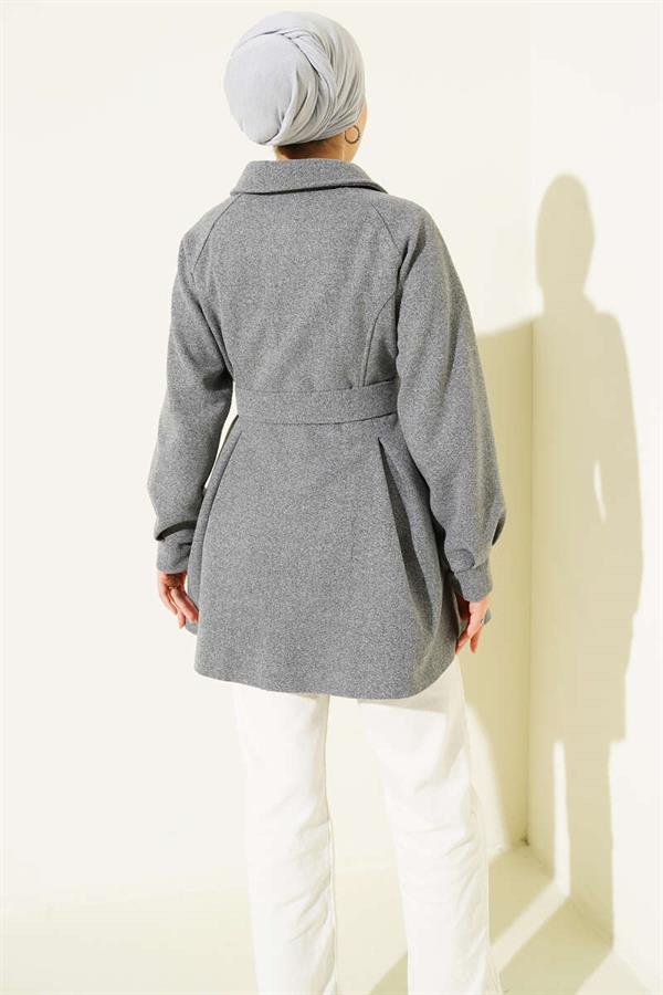Short, belted cashmere coat, smoky gray.