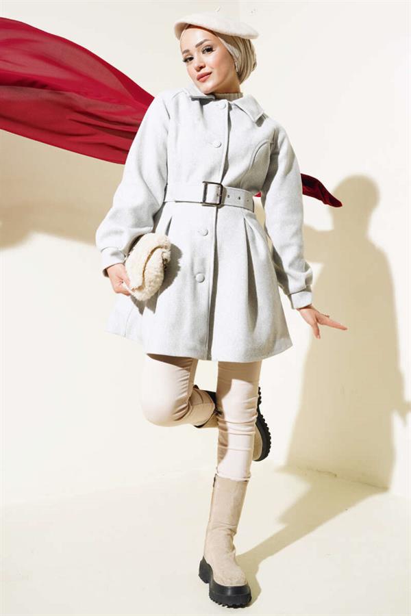 Belted Short Cashmere Coat Gray