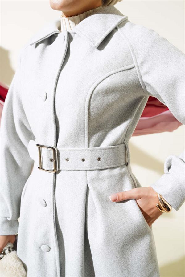 Belted Short Cashmere Coat Gray